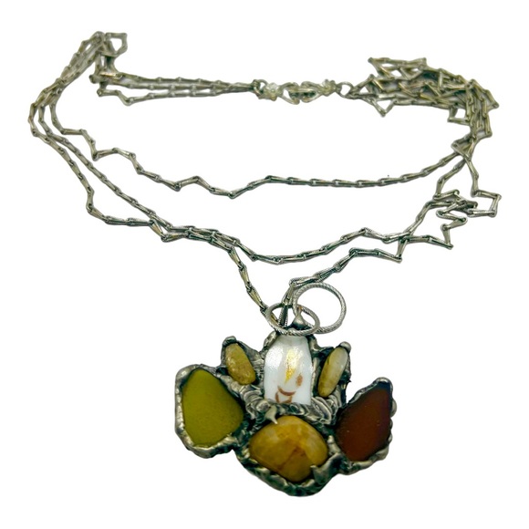 Citrine Sea Glass & Broken China Artisan Pendant Vintage Triple Chain Necklace - Picture 4 of 16